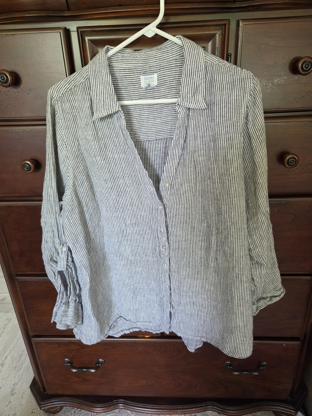 Sigrid Olsen Striped Linen Top in Navy and White